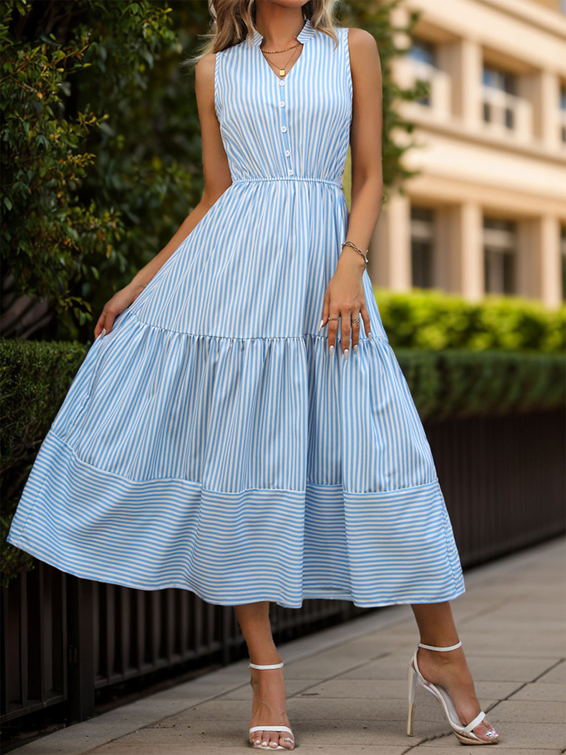 Blue Zone Planet | Striped Notched Sleeveless Midi Dress BLUE ZONE PLANET