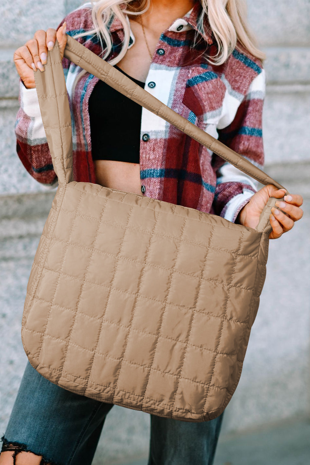 Blue Zone Planet | Light French Beige Quilted Zipper Large Shoulder Bag Blue Zone Planet