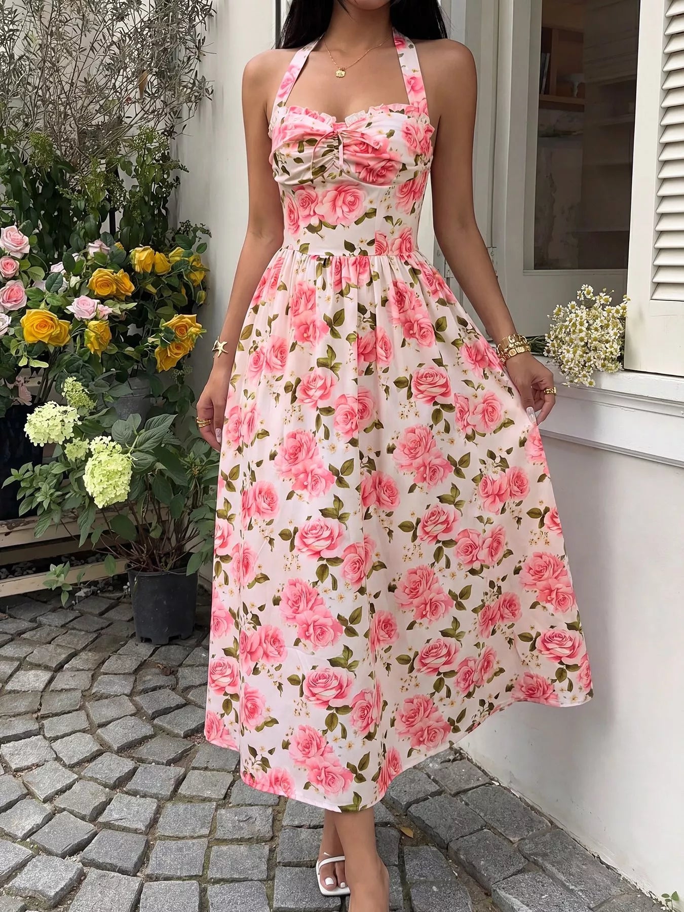 Anne's Floral Print Halter Neck Midi Dress – Blue Zone Planet