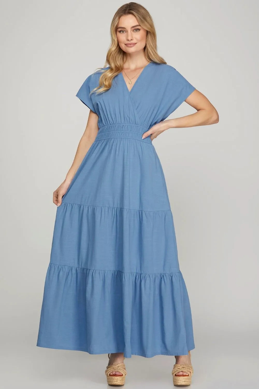 light blue maxi dress short sleeve Baberdicy Long Dress Women's Summer Casual Flutter Short Sleeve Crew Neck Smocked Elastic Waist Tiered Midi Dress Maxi Dress for Women Sky Blue,