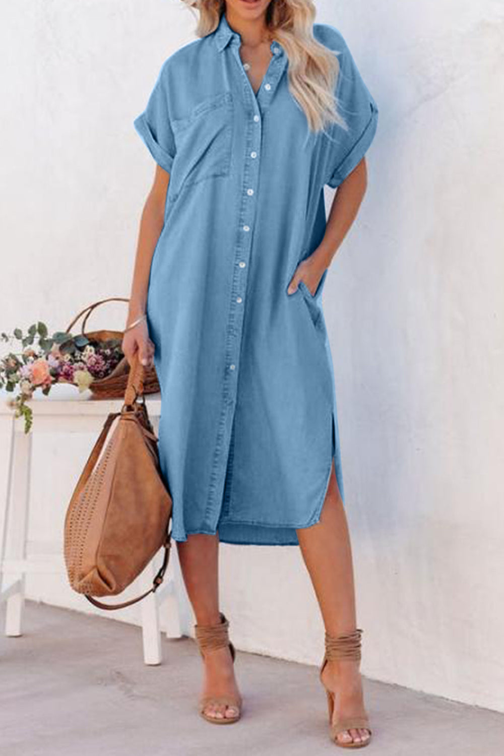 Blue Zone Planet | Slit Button Up Short Sleeve Imitation Denim Dress BLUE ZONE PLANET