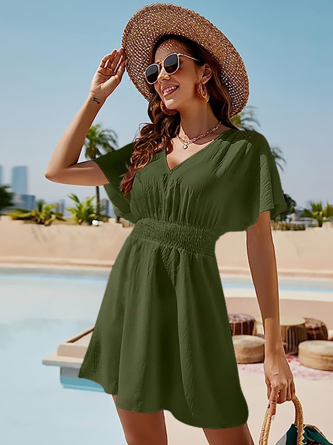Blue Zone Planet | Ava Elegance's Smocked V-Neck Short Sleeve Mini Dress BLUE ZONE PLANET