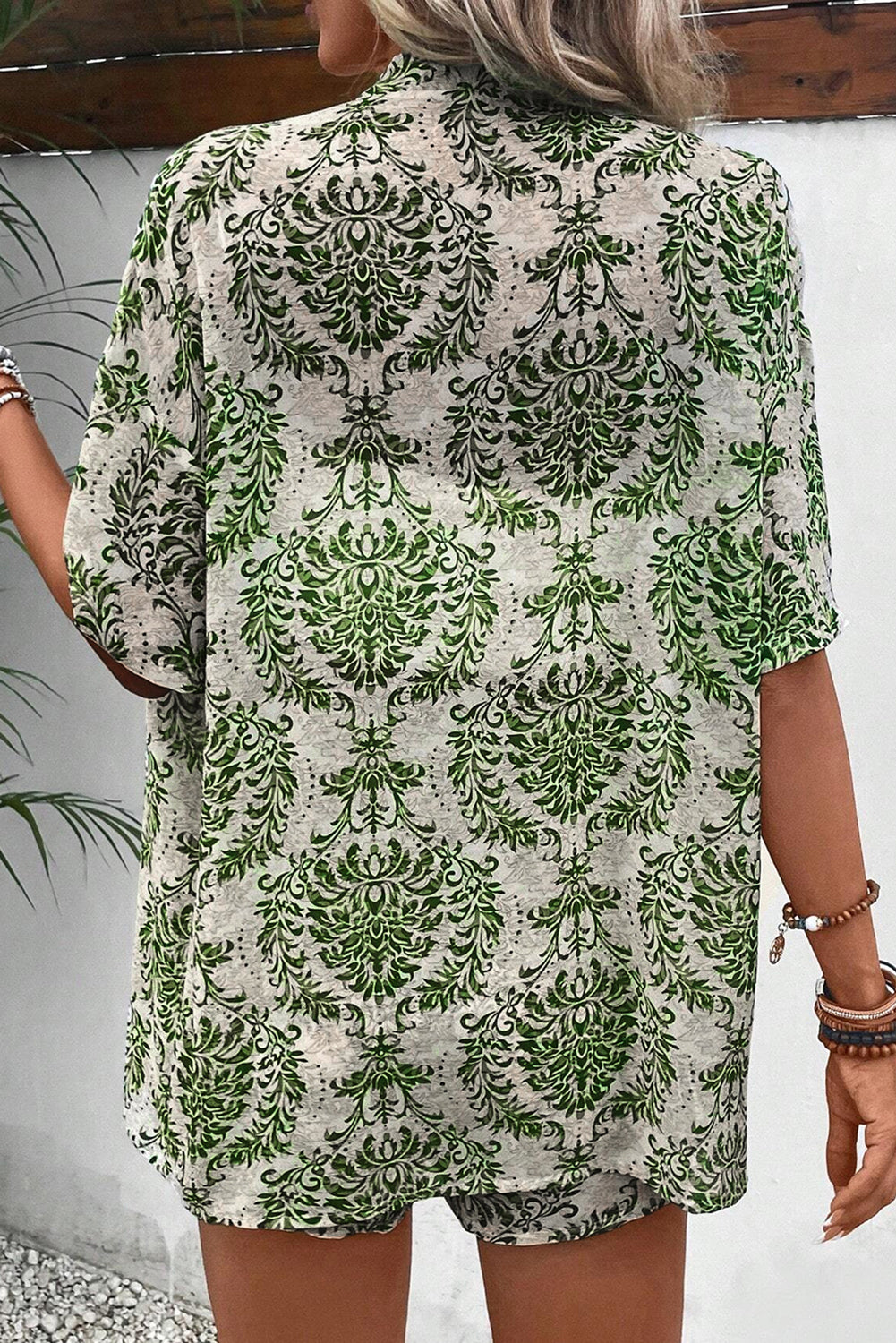 Blue Zone Planet | Green Vintage Floral Print Open Top and Shorts Outfit Blue Zone Planet