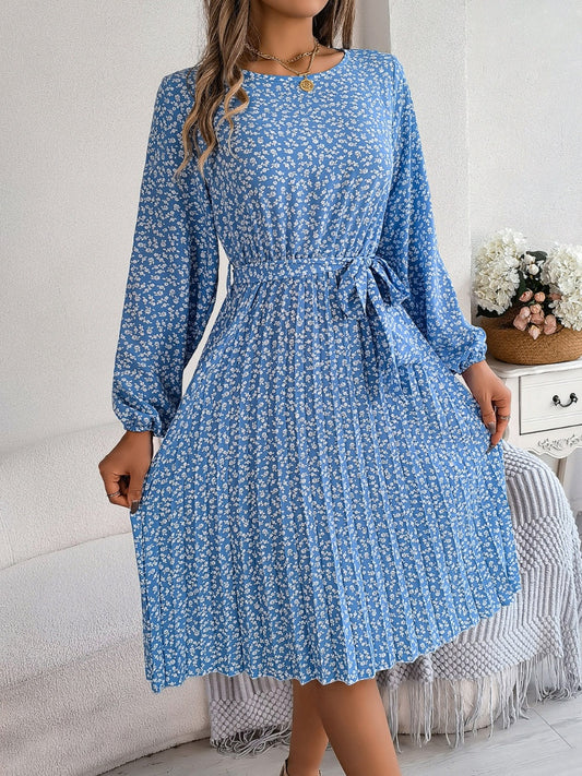Ditsy Floral Tie Waist Pleated Dress BLUE ZONE PLANET