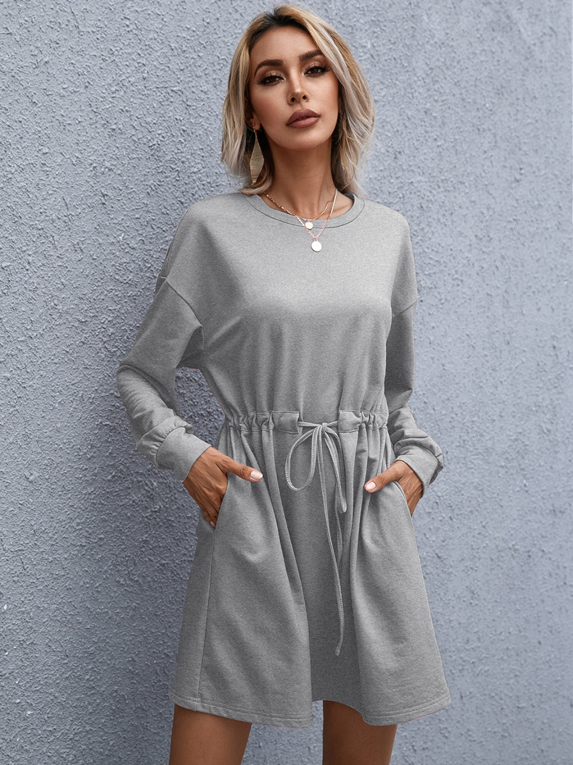 Blue Zone Planet | Drawstring Round Neck Dropped Shoulder Mini Dress BLUE ZONE PLANET