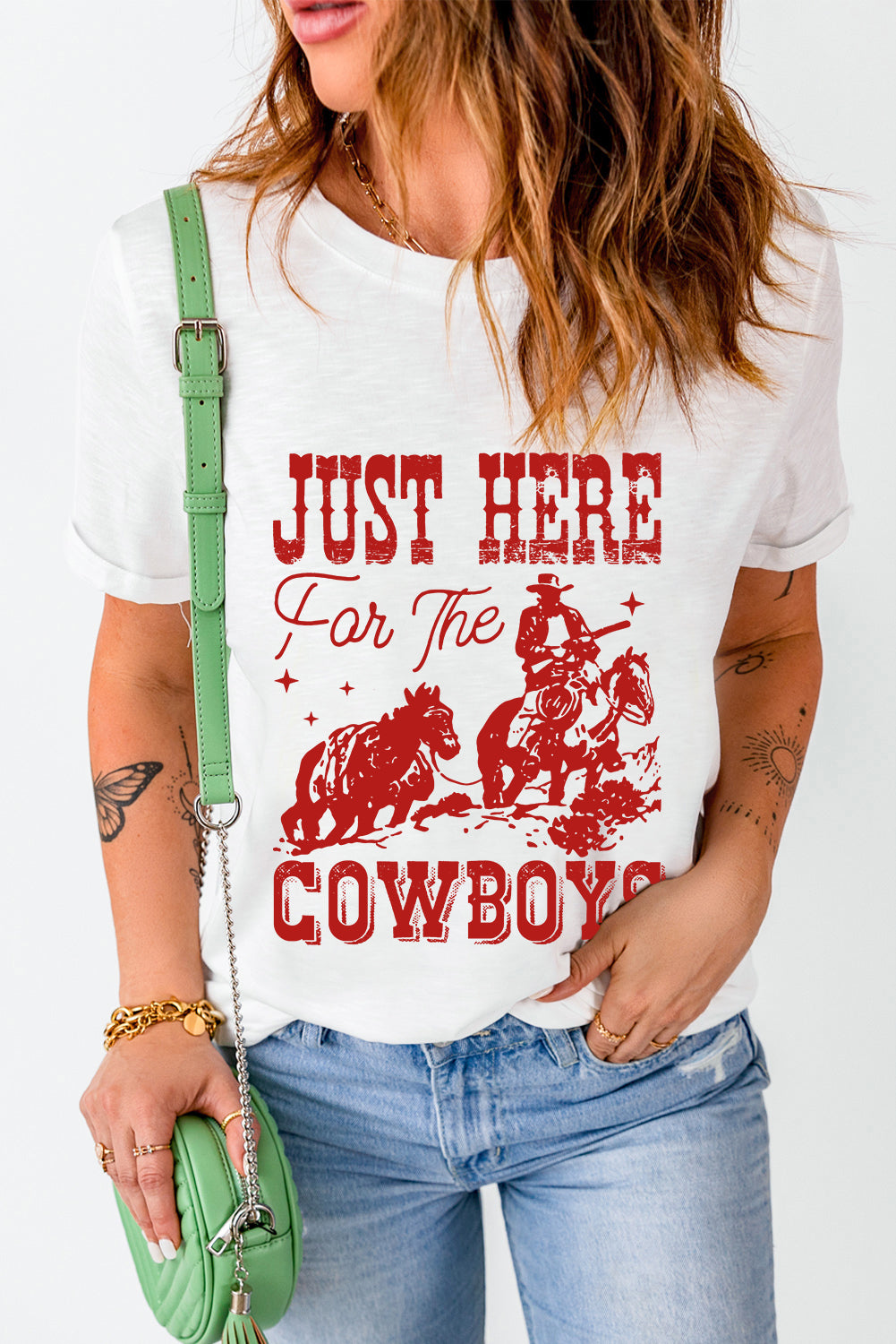 White Just Here For The Cowboy Cuffed Sleeve Crew Neck T Shirt