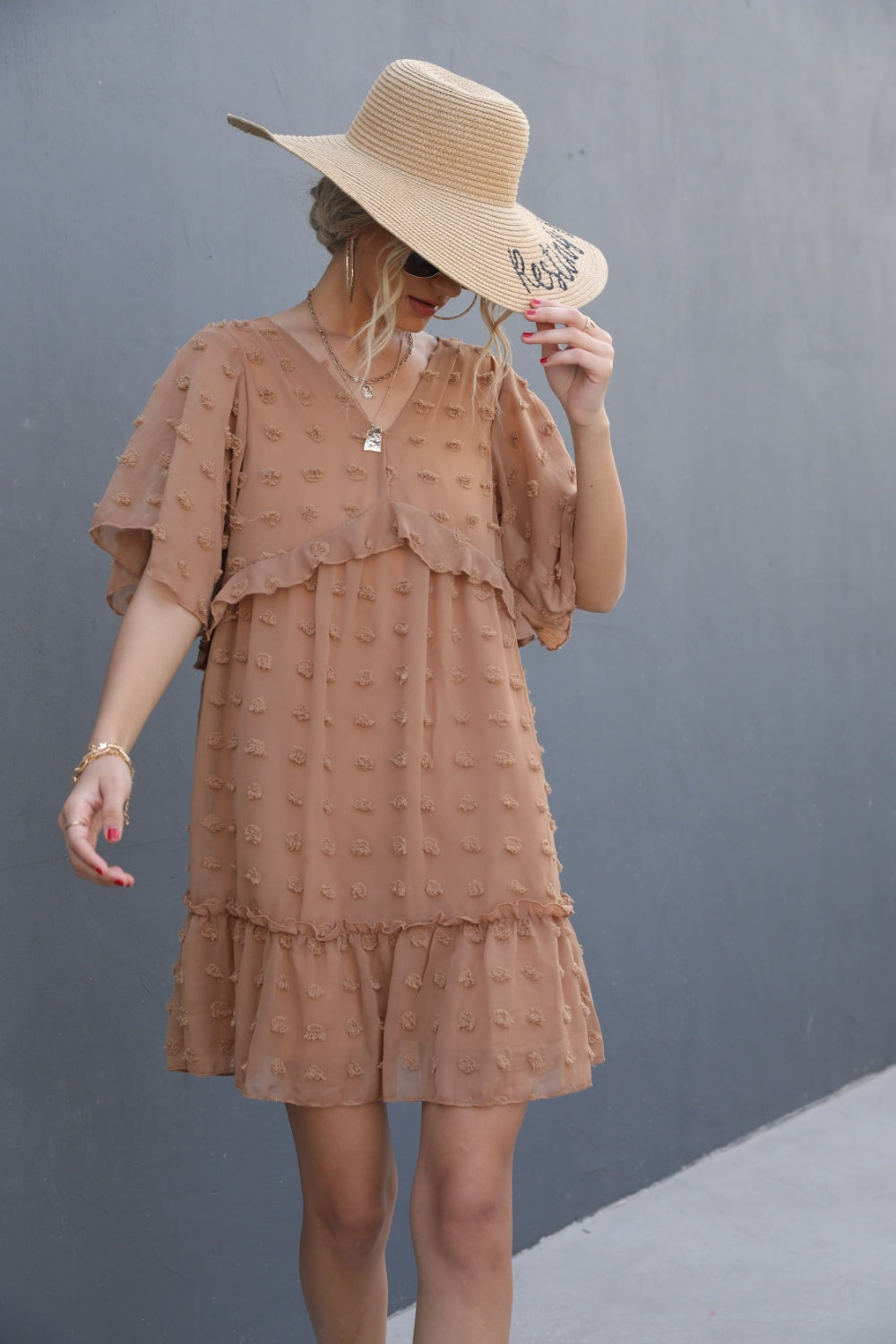 Blue Zone Planet | Swiss Dot V-Neck Flutter Sleeve Mini Dress BLUE ZONE PLANET