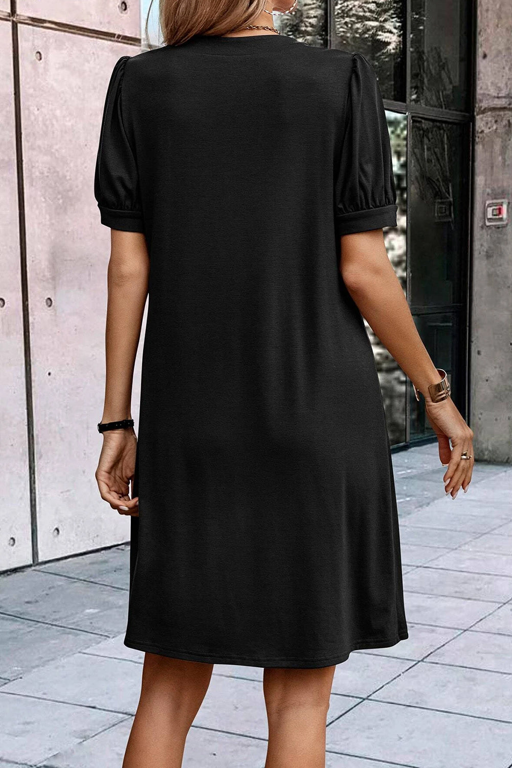 Blue Zone Planet | Black Notched Neck Pleated Puff Sleeve Shift T-shirt Dress Blue Zone Planet