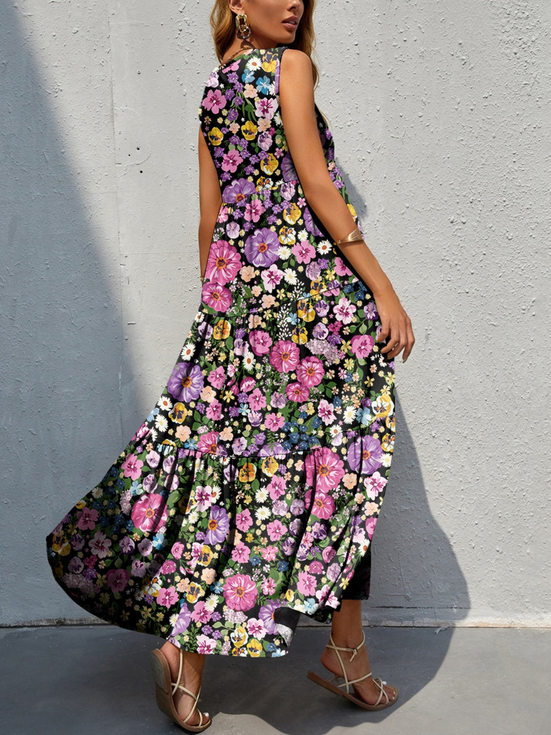 Tiered Printed V-Neck Sleeveless Dress BLUE ZONE PLANET