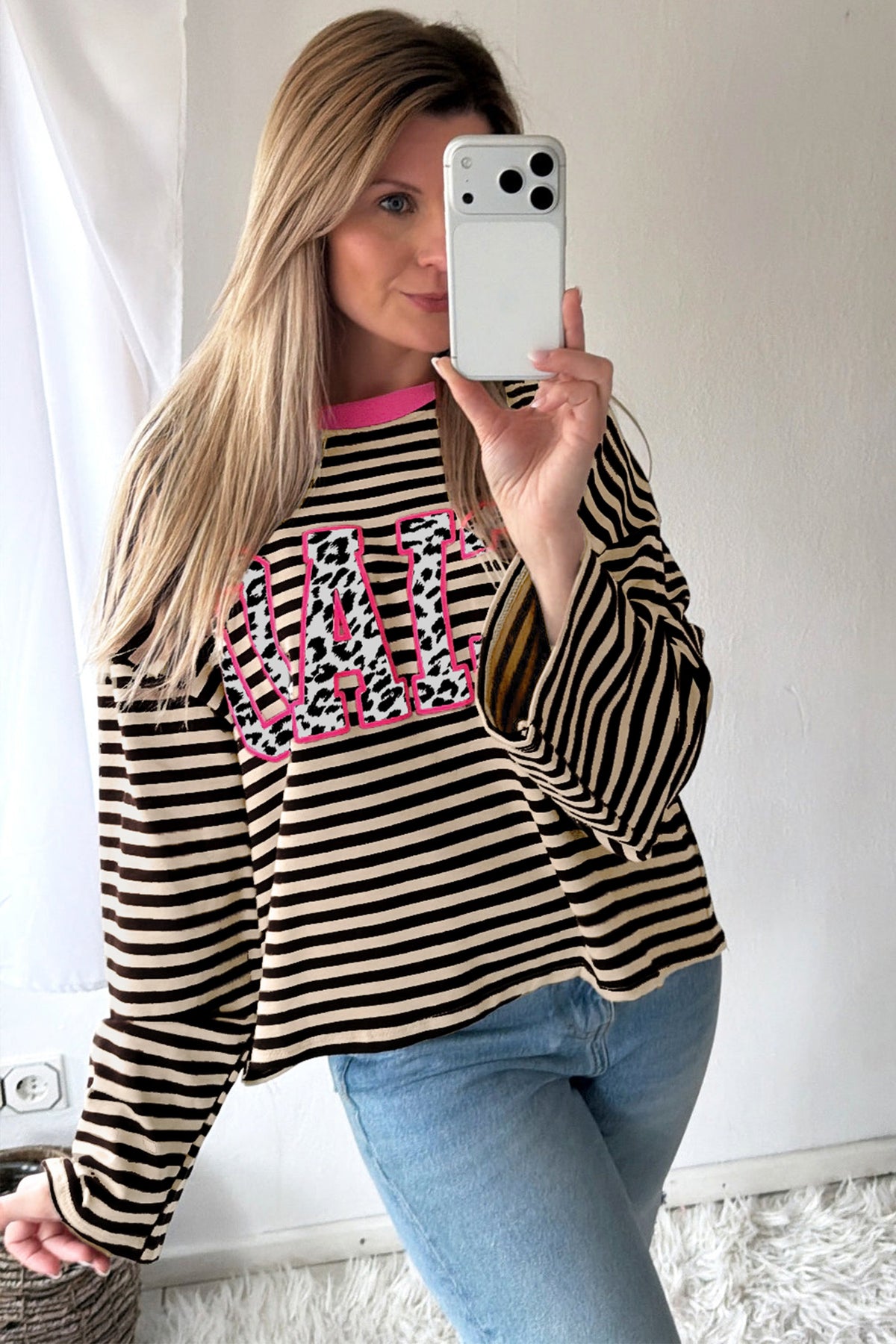 Beige Stripe Leopard Accent CIAO Letter Graphic Long Sleeve Shift Top
