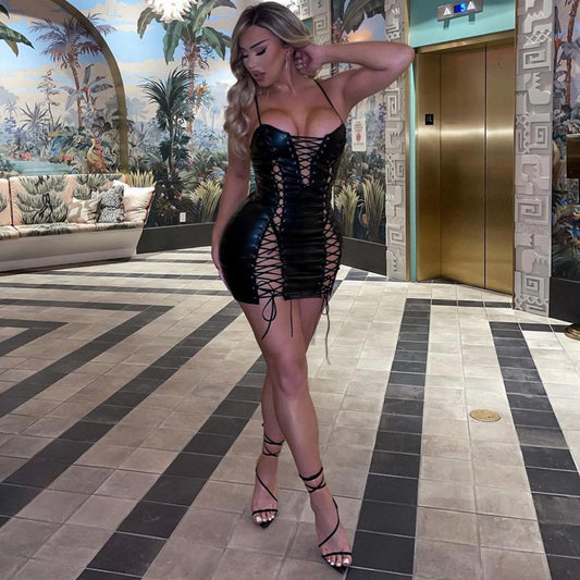 Spaghetti Strap and Rope PU Leather Cutout Mini Party Dress Blue Zone Planet