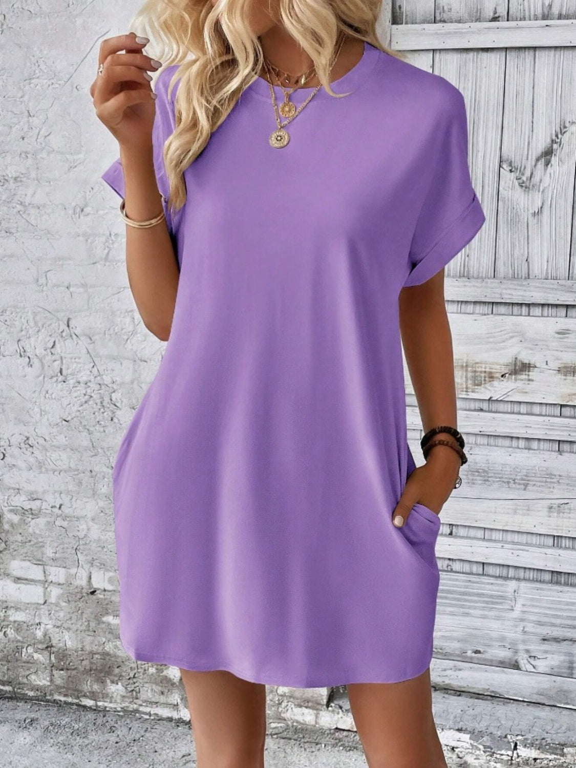 Pocketed Round Neck Short Sleeve Dress BLUE ZONE PLANET