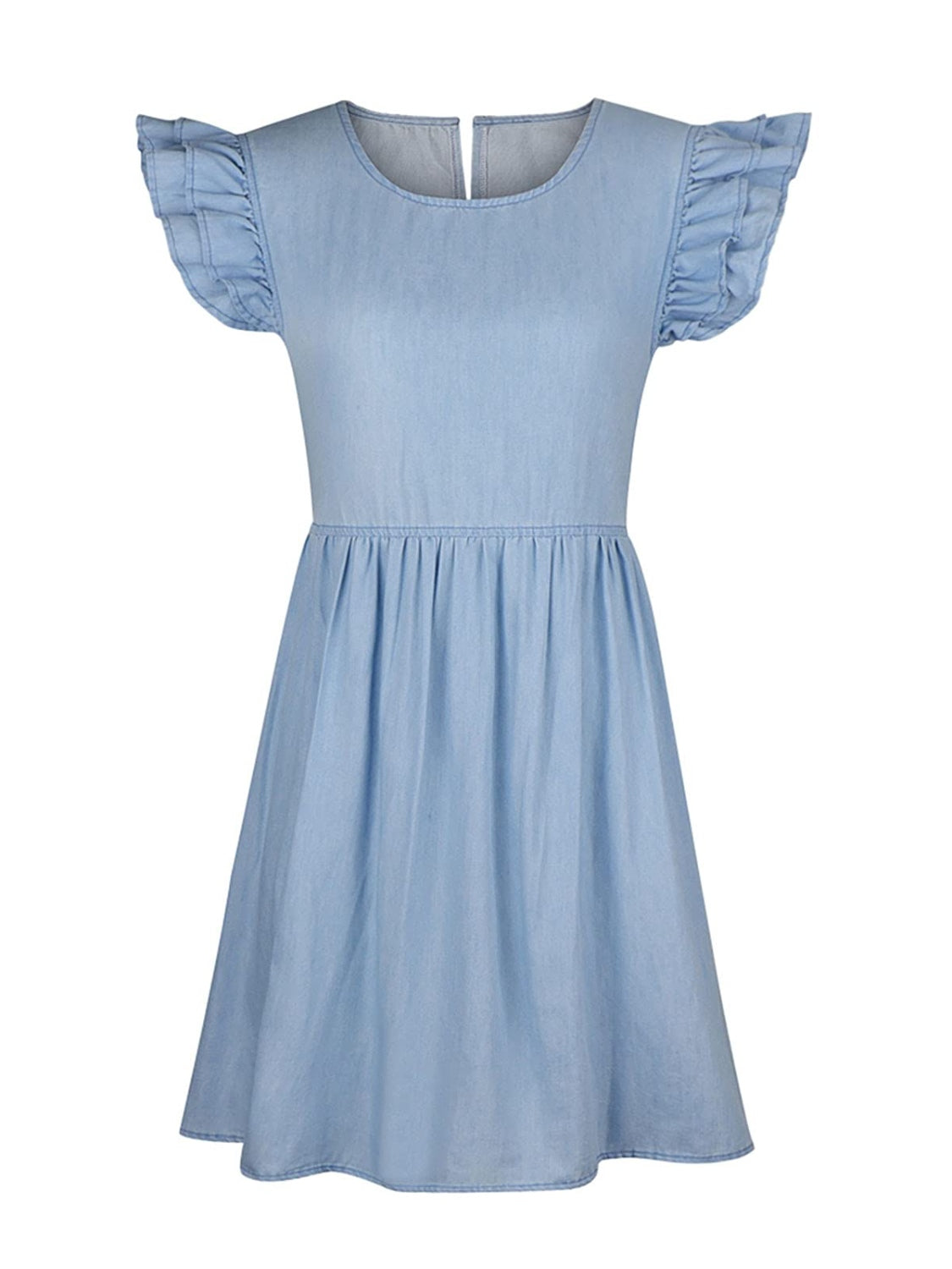 Blue Zone Planet | Clara's Full Size Ruffled Round Neck Cap Sleeve Denim Mini Dress BLUE ZONE PLANET