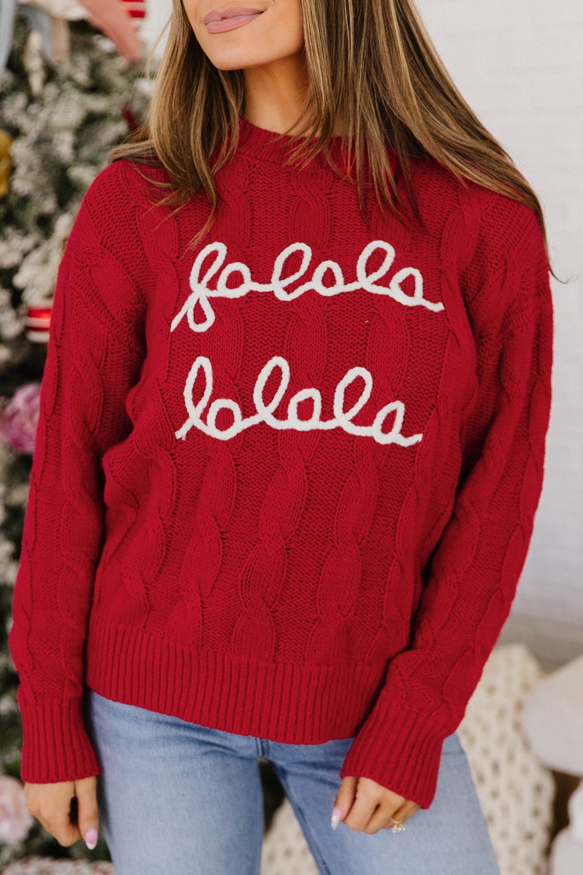 Fiery Red Falala Cable Knit Christmas Dropped Shoulder Pullover Sweater