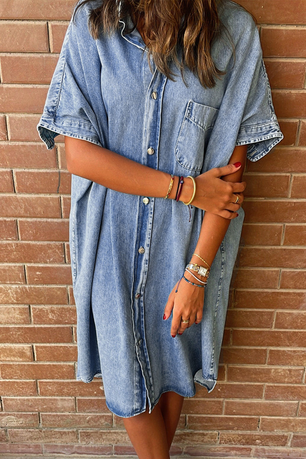 Light Blue Loose Medium Wash Short Sleeve Shirt Chambray Dress Blue Zone Planet