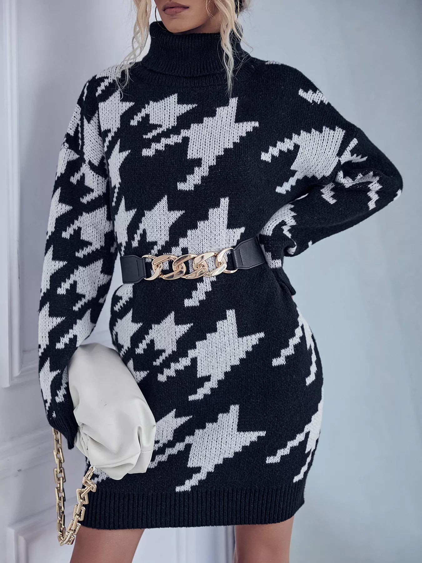 houndstooth sweater dress Women's turtleneck loose long sleeve houndstooth sweater dress