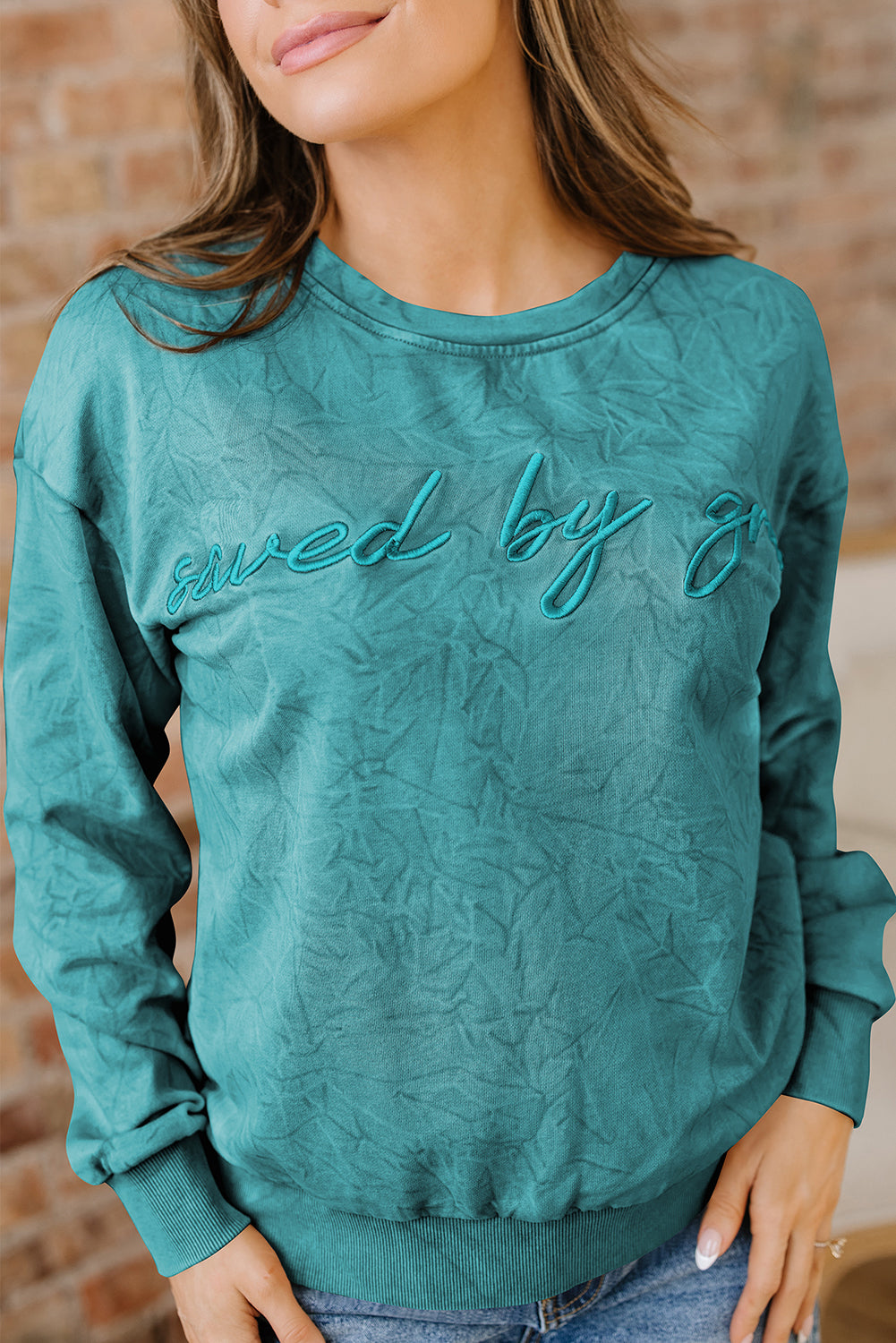 High-Rise Saved By Grace Letter Embroidery Mineral Wash Loose Sweatshirt