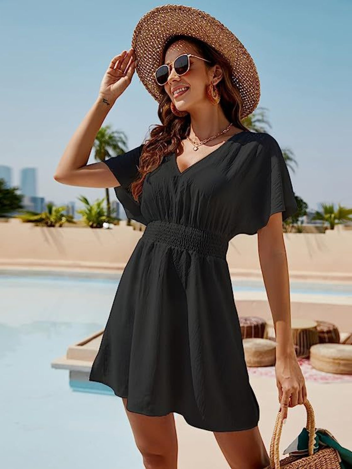 Blue Zone Planet | Ava Elegance's Smocked V-Neck Short Sleeve Mini Dress BLUE ZONE PLANET