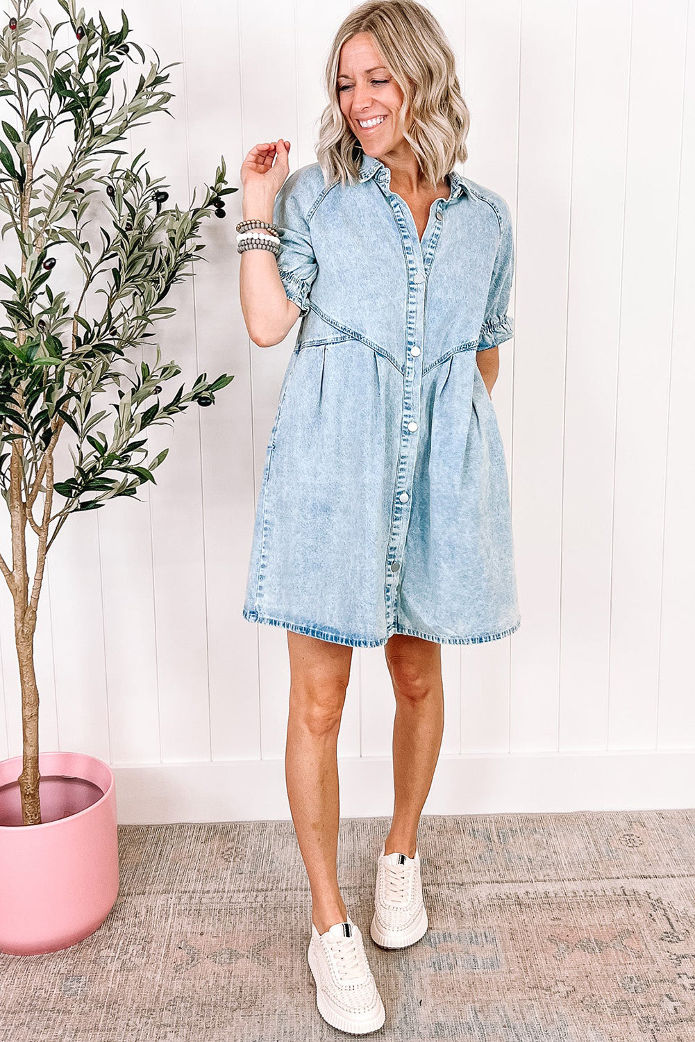 Blue Zone Planet |  Beau Blue Mineral Wash Ruffled Short Sleeve Buttoned Denim Dress Blue Zone Planet