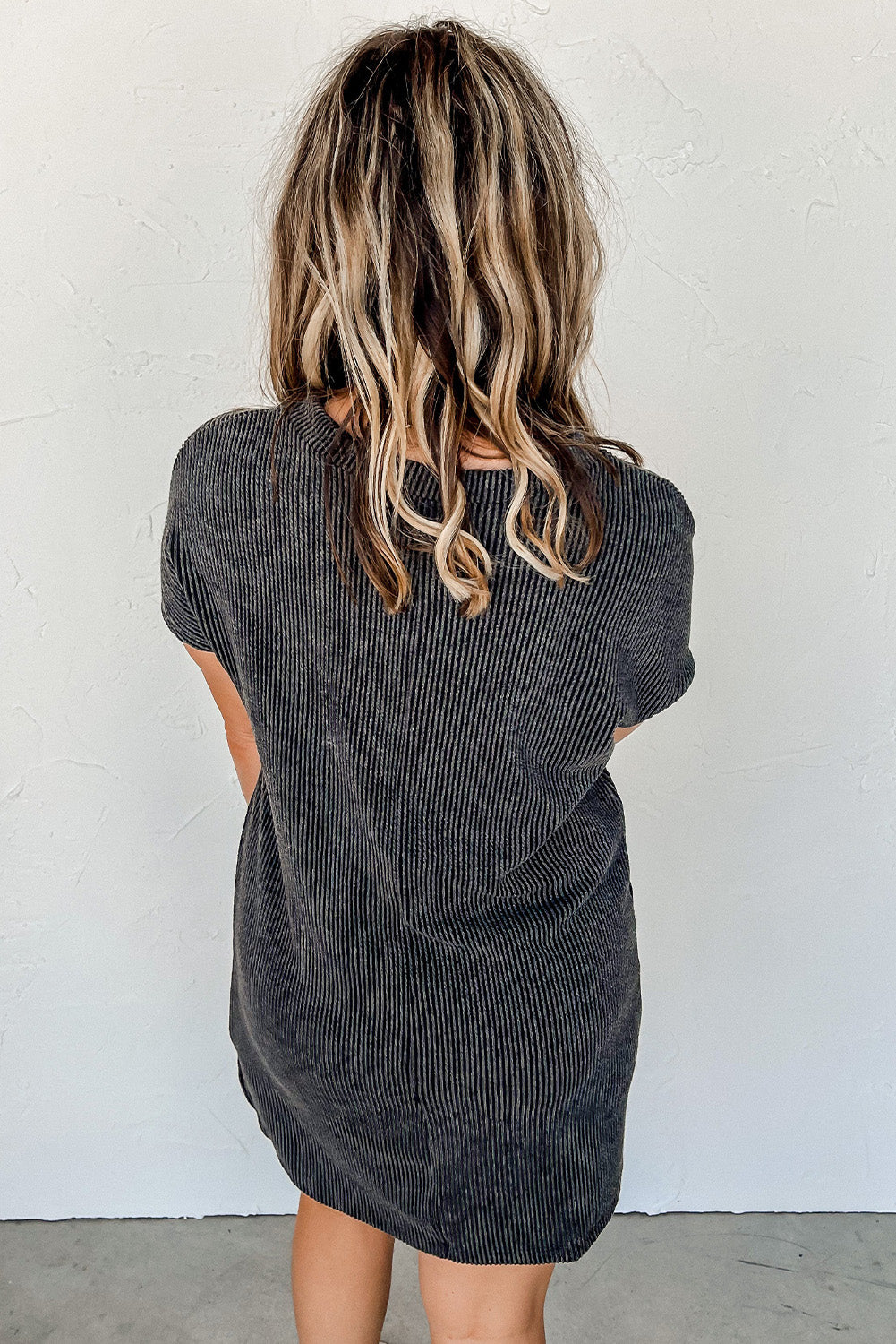 Blue Zone Planet | Gray Striped Ribbed Knit T-shirt Shift Dress Blue Zone Planet