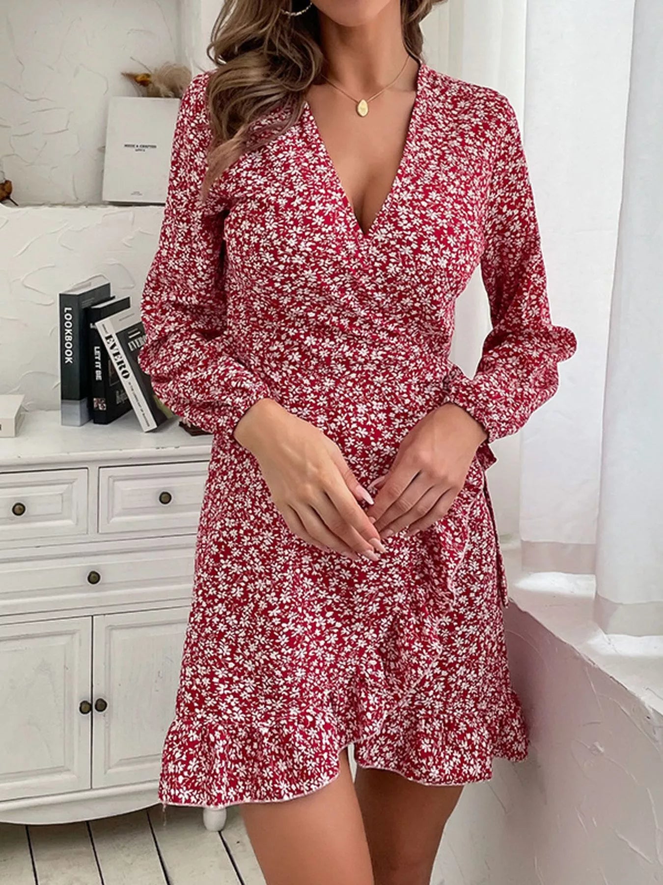Floral Print Wrap Mini Dress Wine Red / M