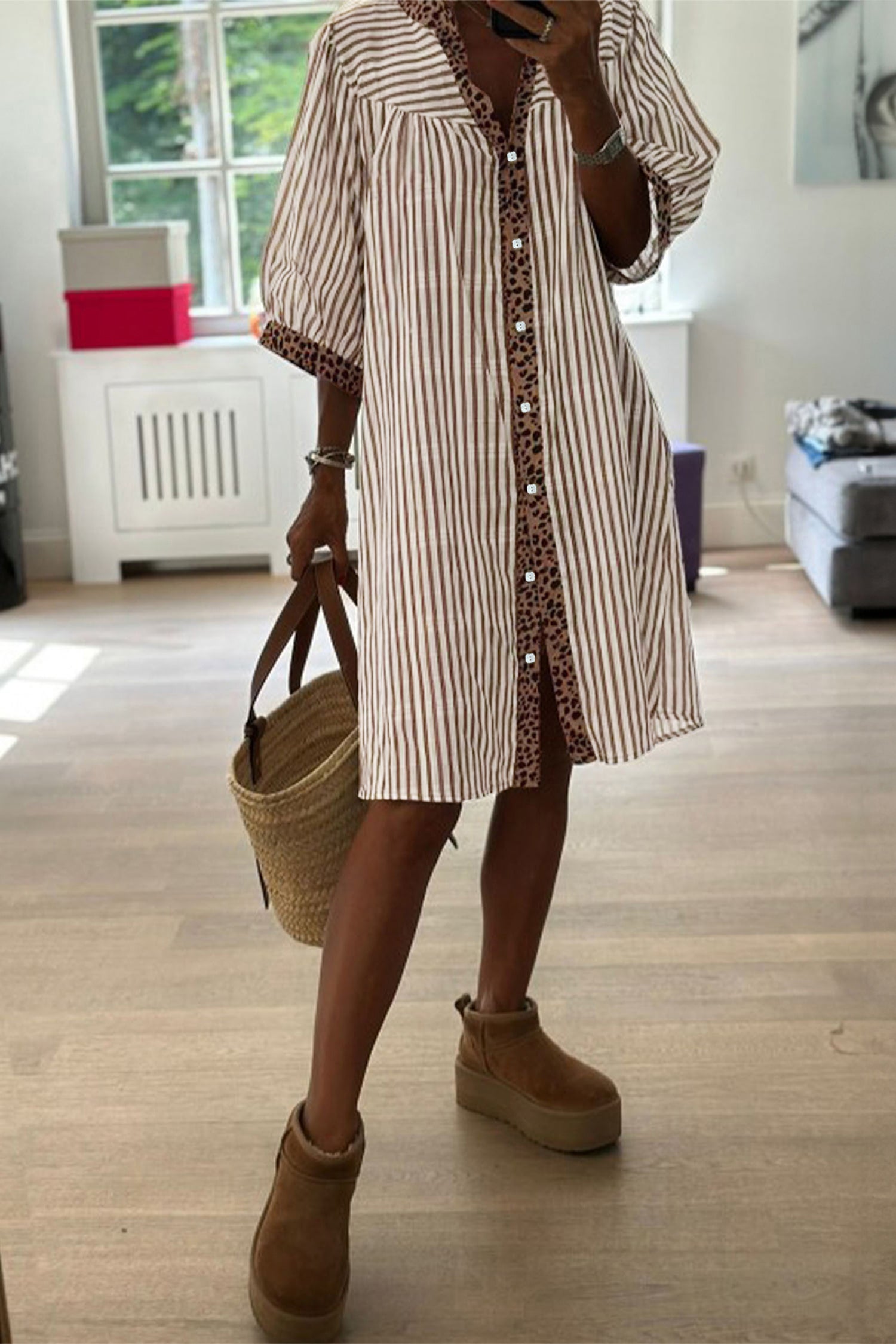 loose button down dress Khaki Stripe Square Button Leopard Trim Loose Bracelet Sleeve Shirt Dress Khaki Stripe / L / 50%Polyester+50%Viscose by Blue Zone Planet