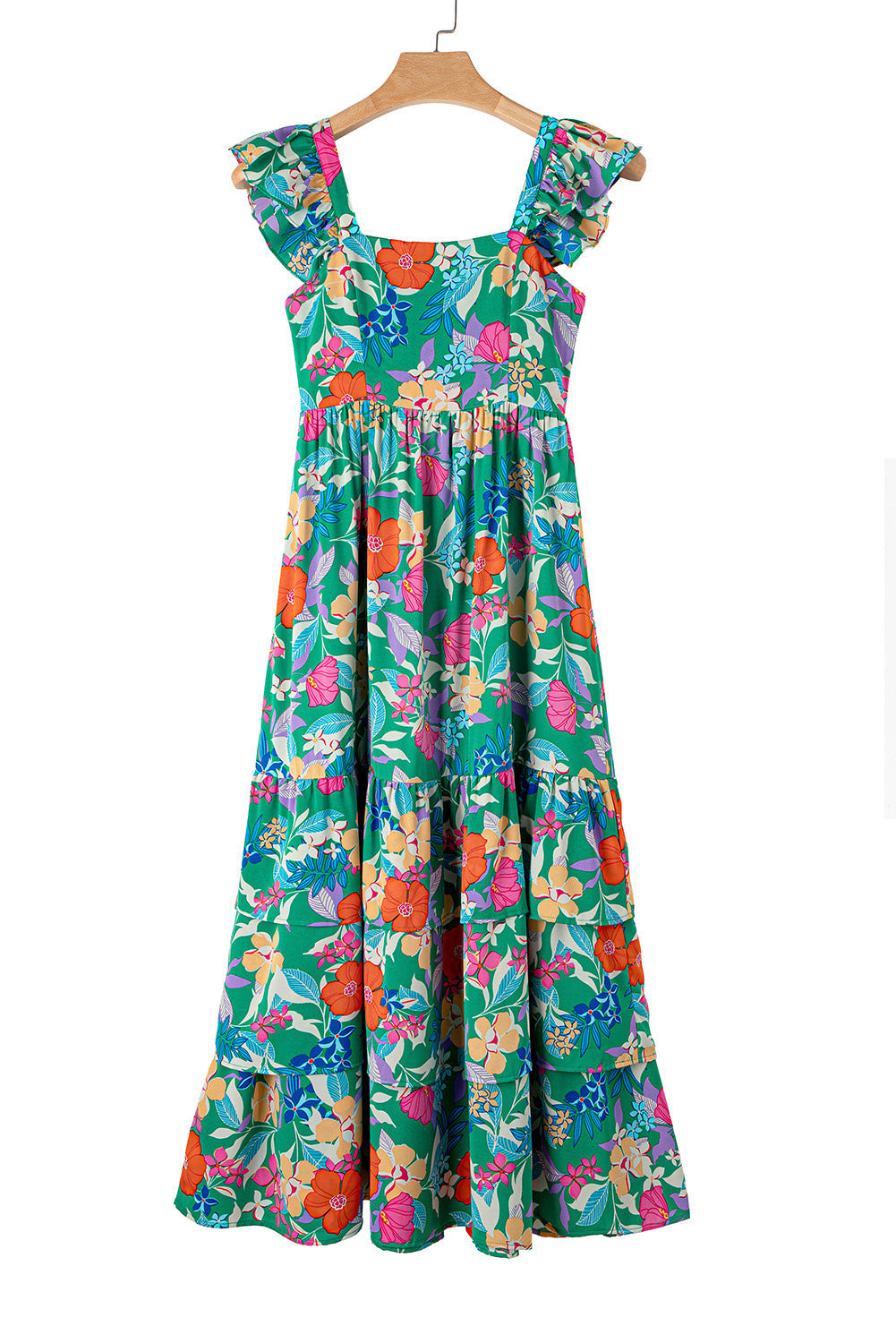 Blue Zone Planet | Green Floral Print Sleeveless Ruffle Tiered Maxi Dress Blue Zone Planet