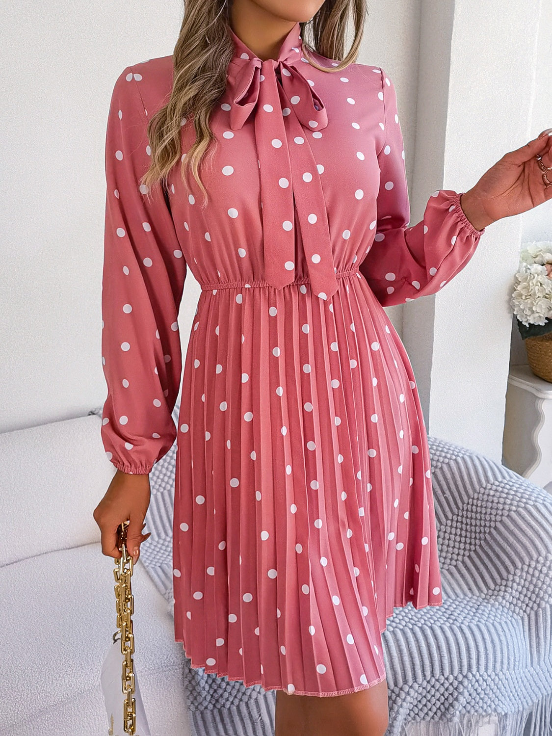Polka Dot Tie Neck Pleated Dress BLUE ZONE PLANET