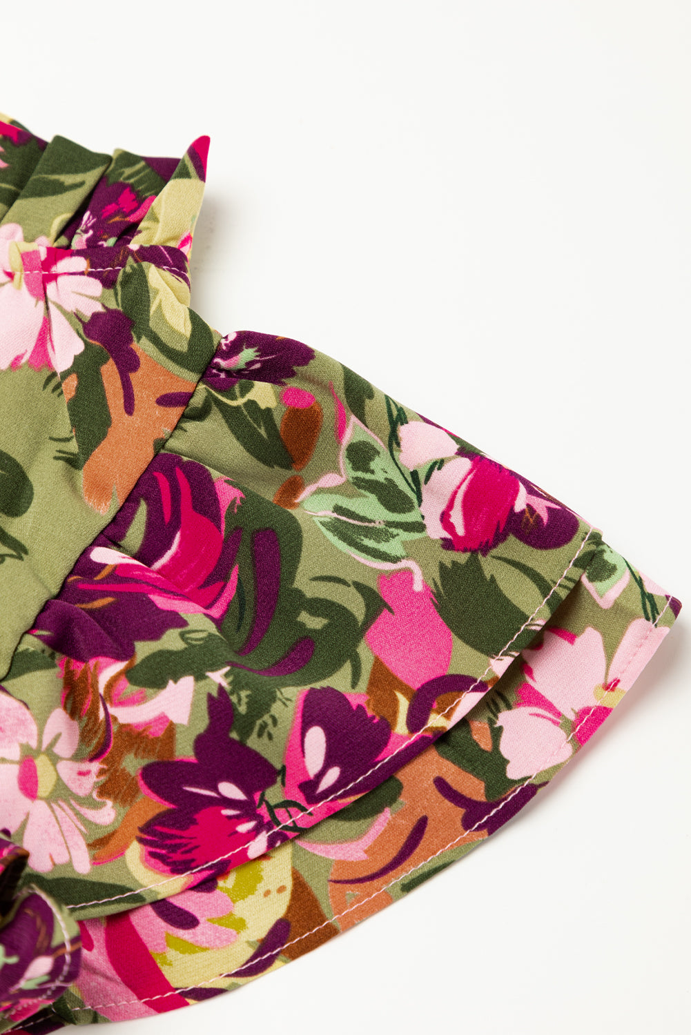 Blue Zone Planet | Green Floral Print Ruched Flutter Sleeve Frilled Neck Mini Dress Blue Zone Planet