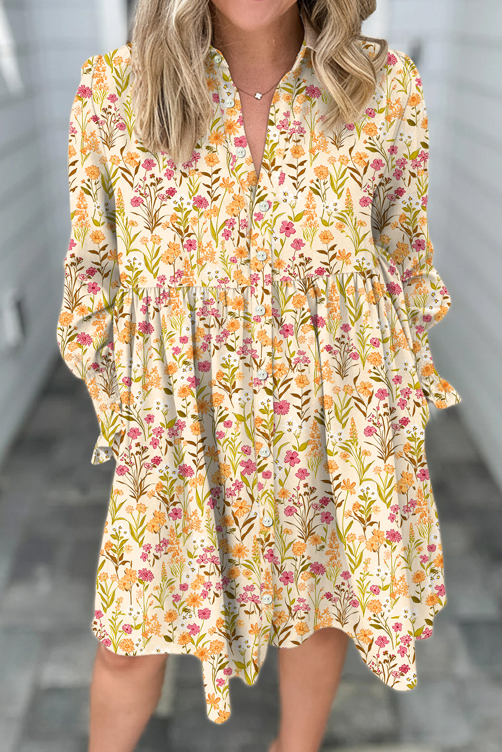 Yellow Floral Print Frilly Trim Smocked Cuff Long Sleeve Loose Shirt Dress Yellow / S / 100%Viscose by Blue Zone Planet