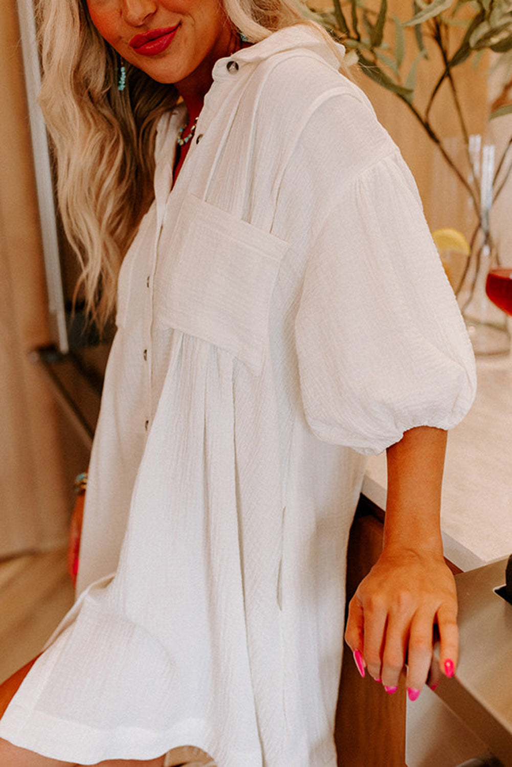 White Half Puff Sleeve Buttoned Shirt Mini Dress Blue Zone Planet