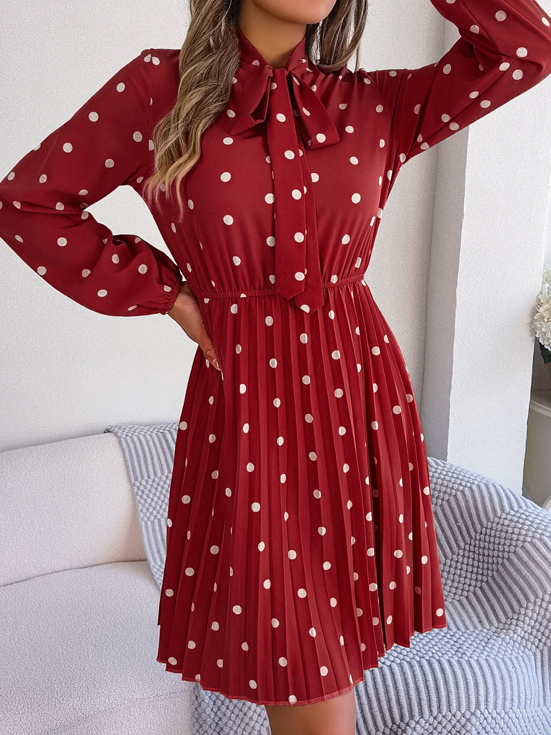 Polka Dot Tie Neck Pleated Dress BLUE ZONE PLANET