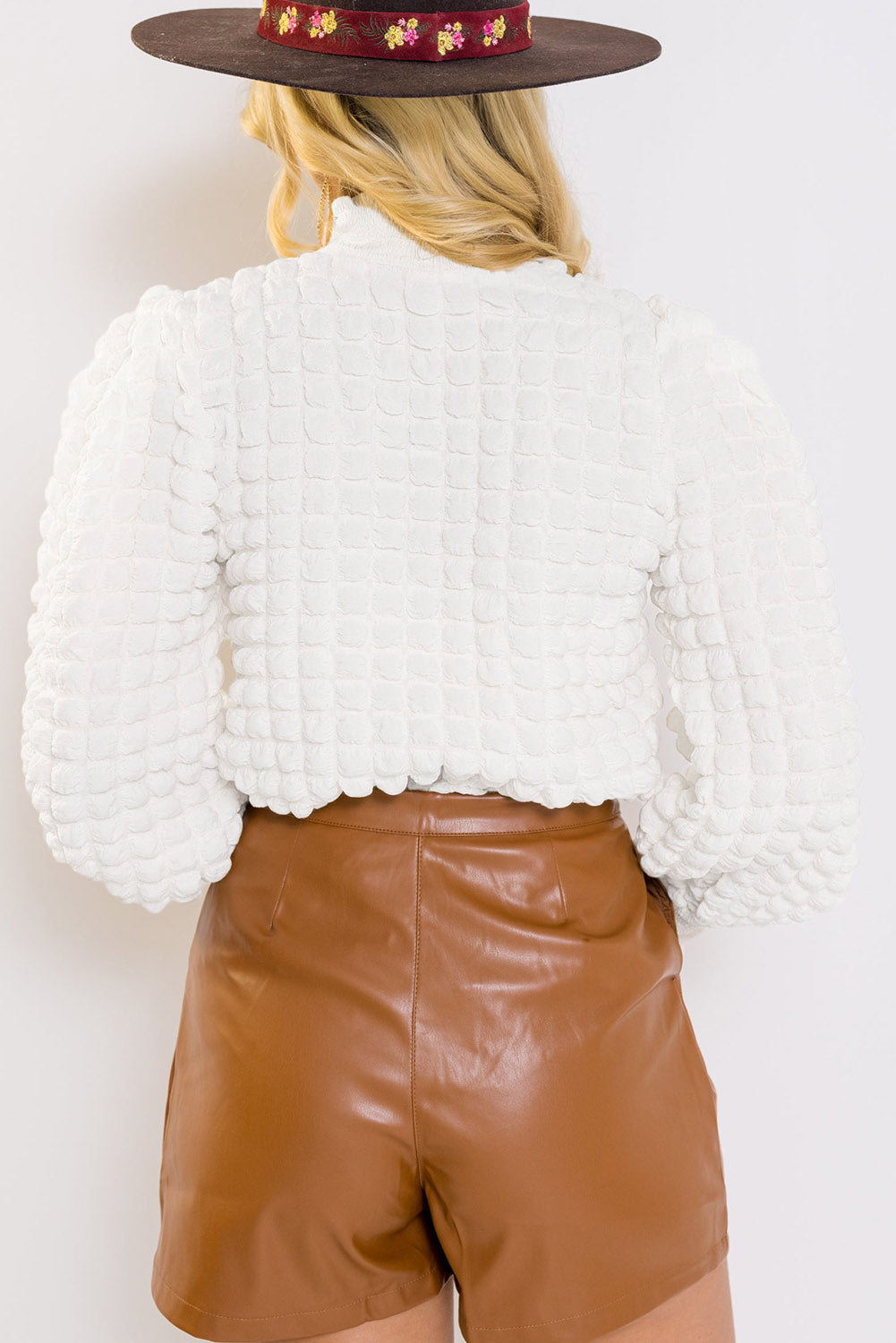 Blue Zone Planet | White Textured Smocked Mock Neck Puff Sleeve Top Blue Zone Planet