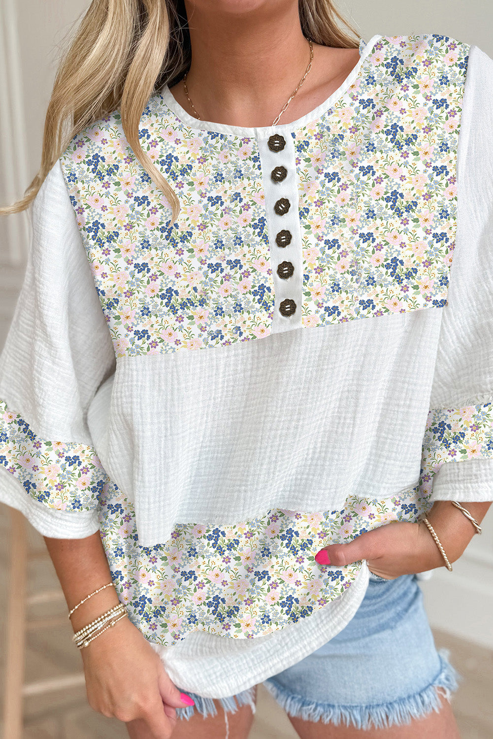 Sky Blue Floral Print Gauze Patchwork Henley Button 3/4 Sleeve Blouse