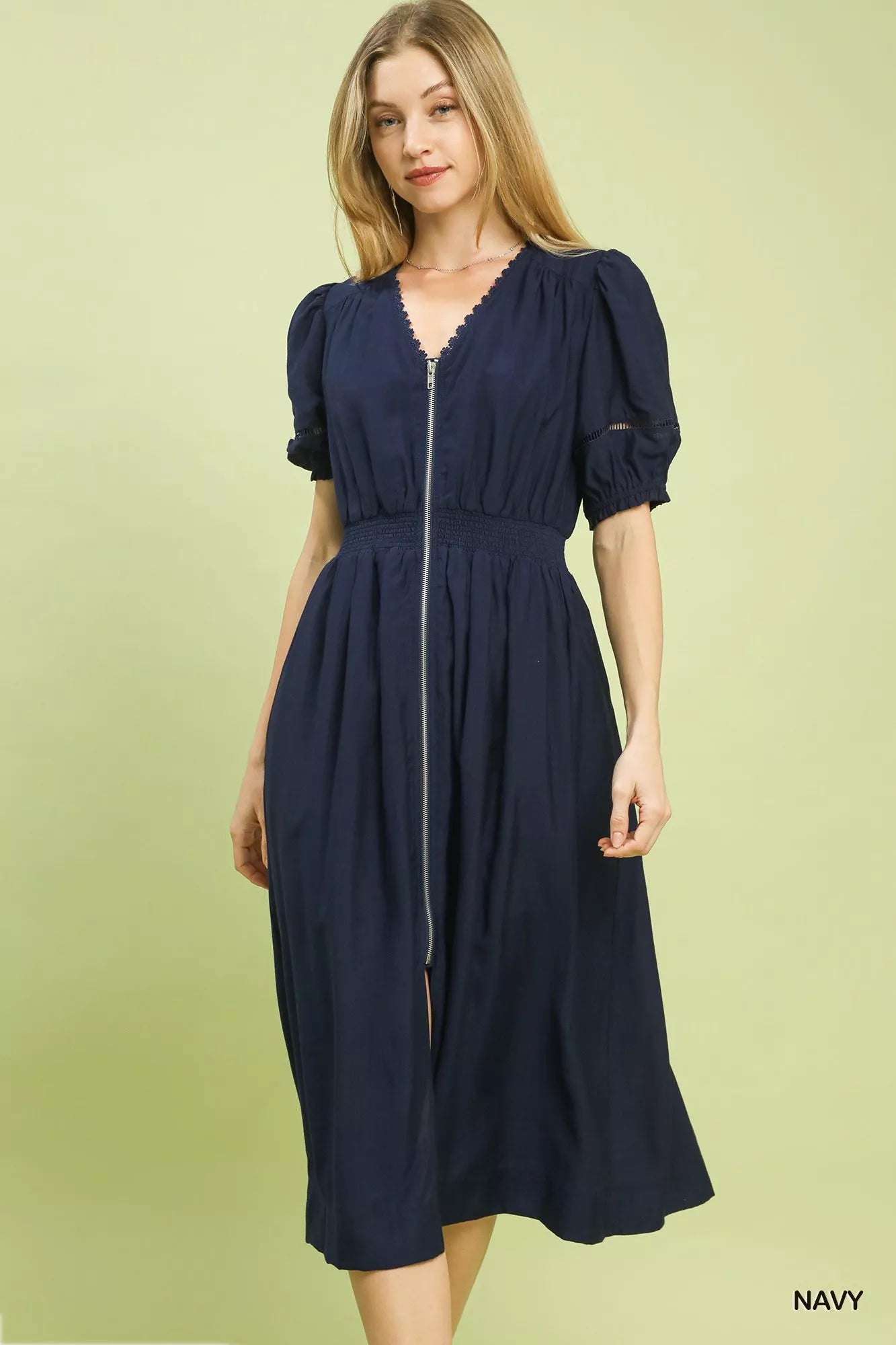 Umgee Zip-Front Smocked Waist Midi Dress NAVY / M Umgee Zip-Front Smocked Waist Midi Dress NAVY / M