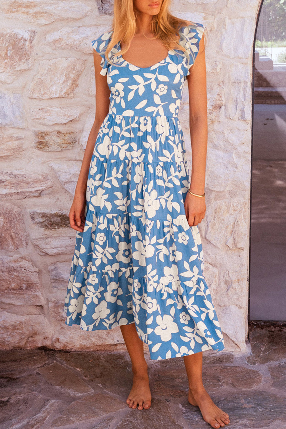 Sky Blue Floral U Neck Sleeveless Tiered Flowy Midi Dress Blue Zone Planet Sky Blue Floral U Neck Sleeveless Tiered Flowy Midi Dress Blue Zone Planet