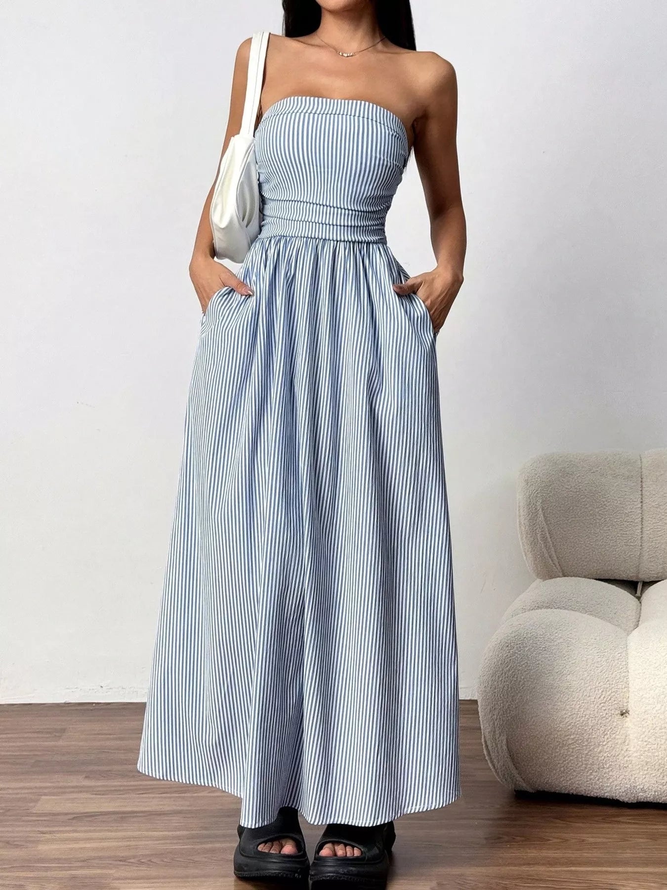 Striped Strapless Casual Maxi Dress Blue / M by Blue Zone Planet Striped Strapless Casual Maxi Dress Blue / M by Blue Zone Planet