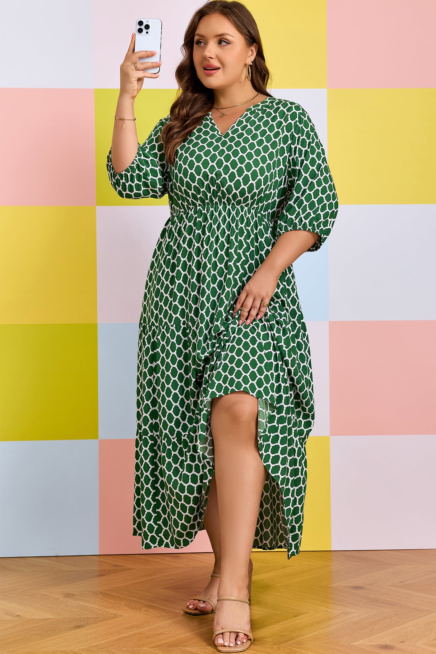 Green Plus Size Geometric Print Pocketed Ruffle Hem Casual Dress – Blue  Zone Planet