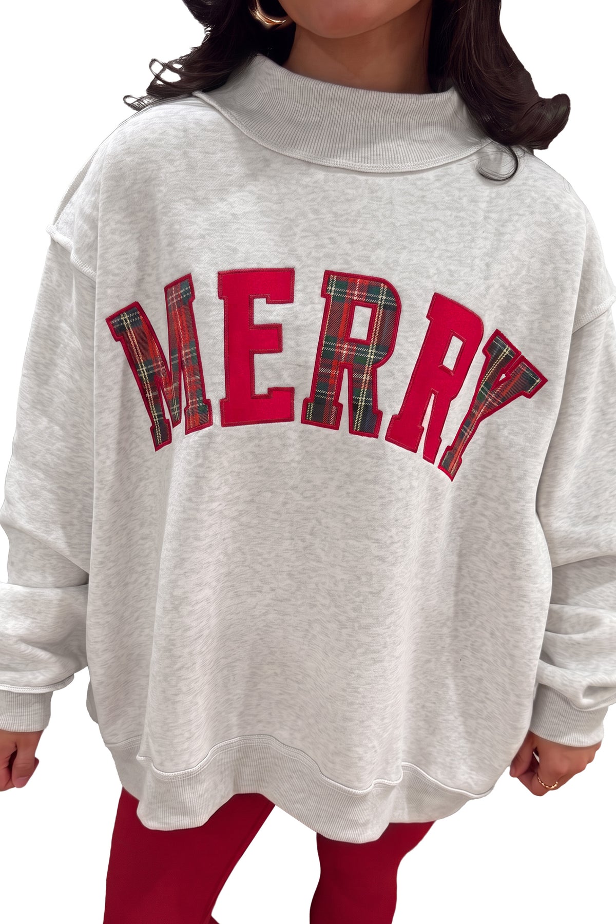 Blackish Green MERRY Embroidered Letter High Neck Tunic Pullover Sweatshirt