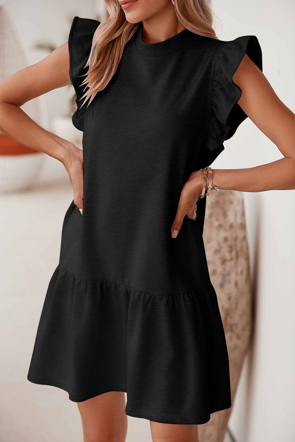 Black Flutter Sleeve Crew Neck Shift Dress Blue Zone Planet