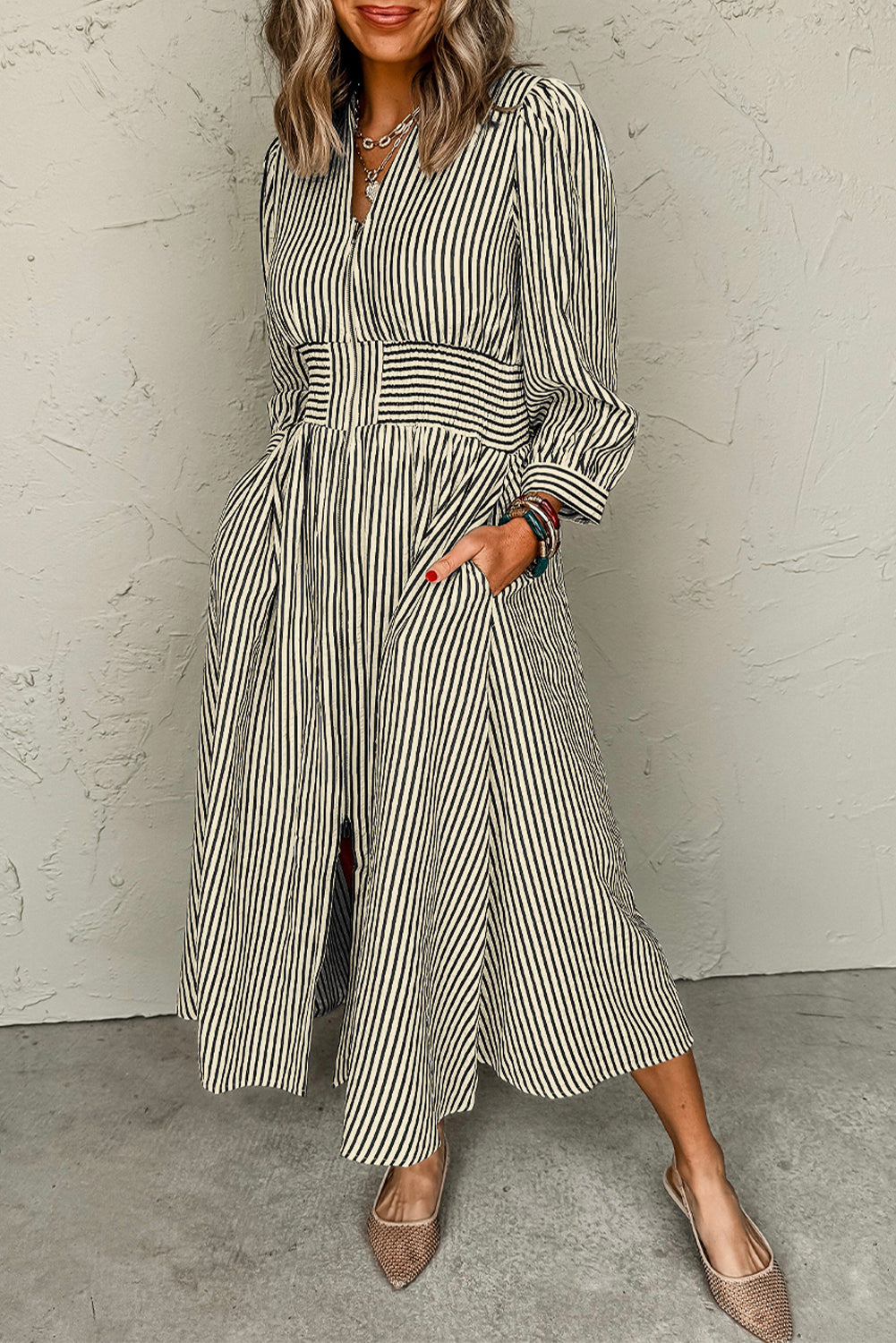 cinched waist midi dress with sleeves Striped V Neck Zip Front Cinched Waist Midi Dress