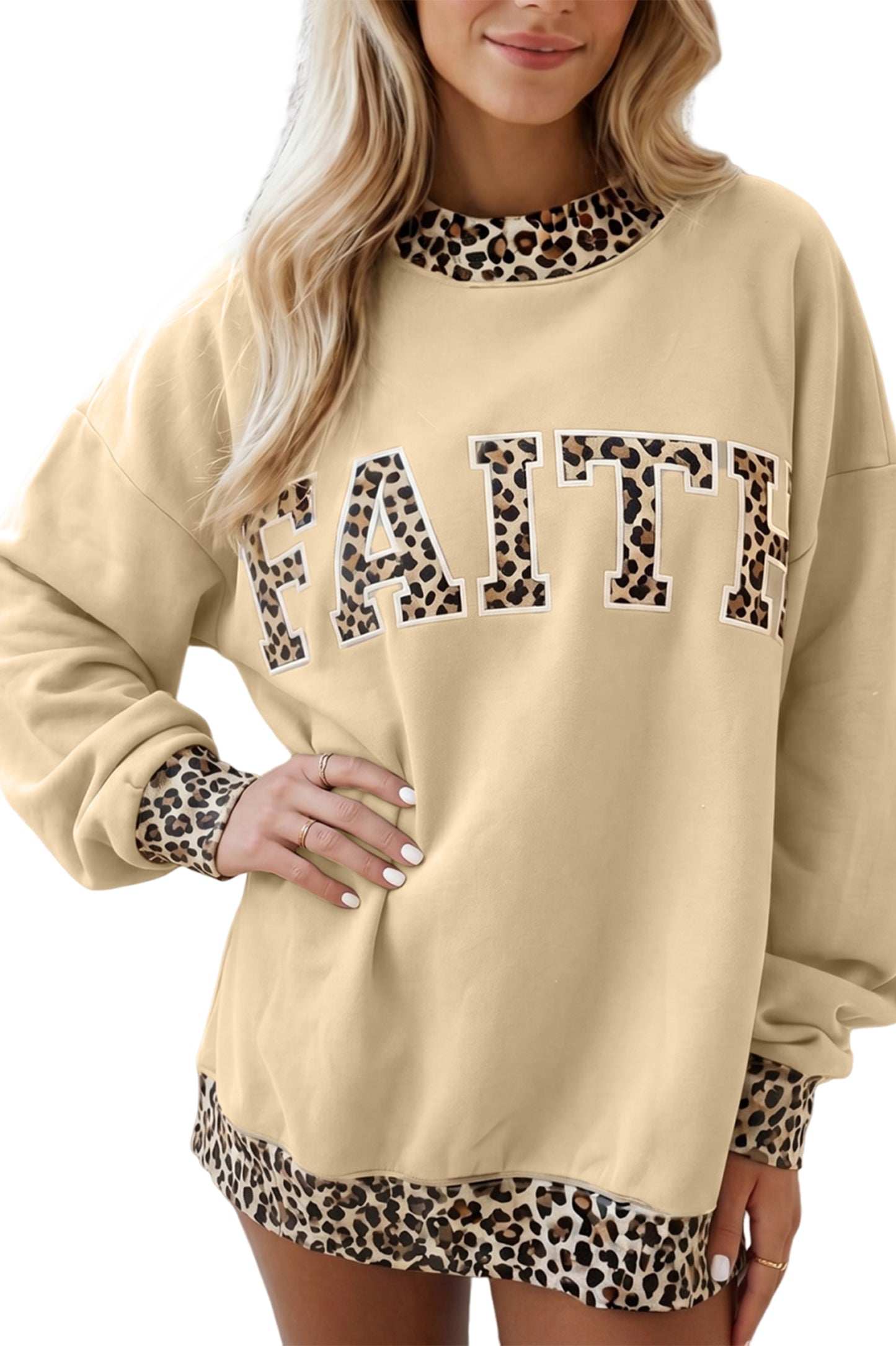 Coffee Polka Dot Trim High Neck BLESSED Letter Graphic Baggy Sweatshirt
