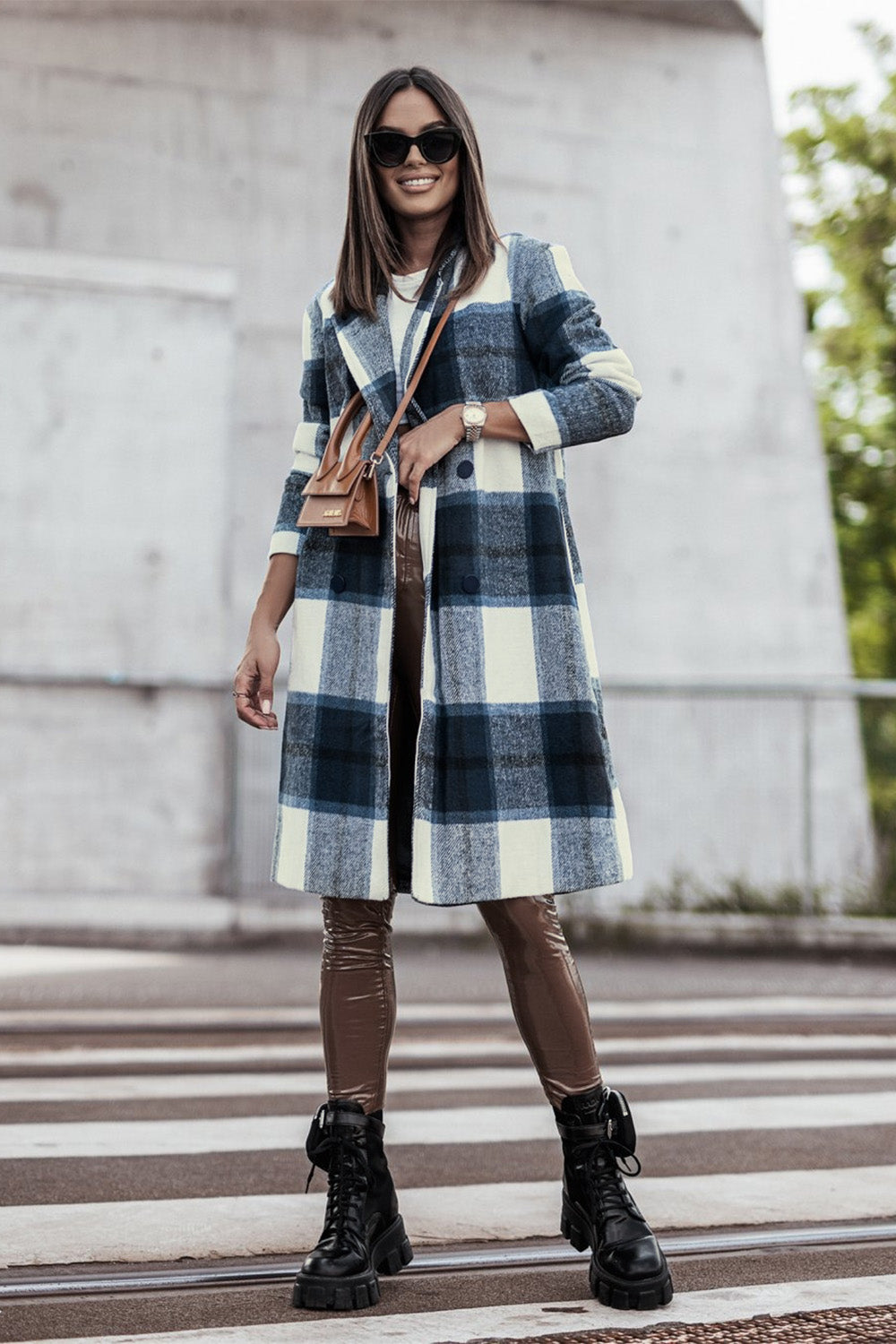 Double Take Full Size Plaid Button Up Lapel Collar Coat BLUE ZONE PLANET