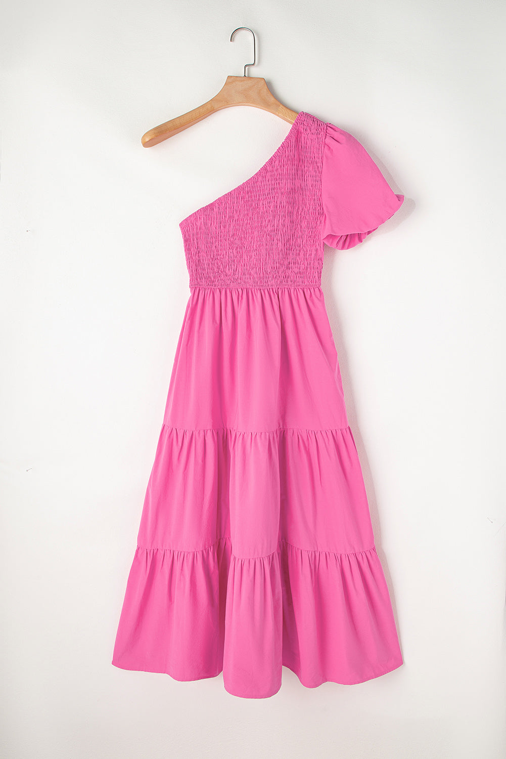 Strawberry Pink Asymmetric Puff Sleeve Smocked Bodice Tiered Midi Dress Blue Zone Planet