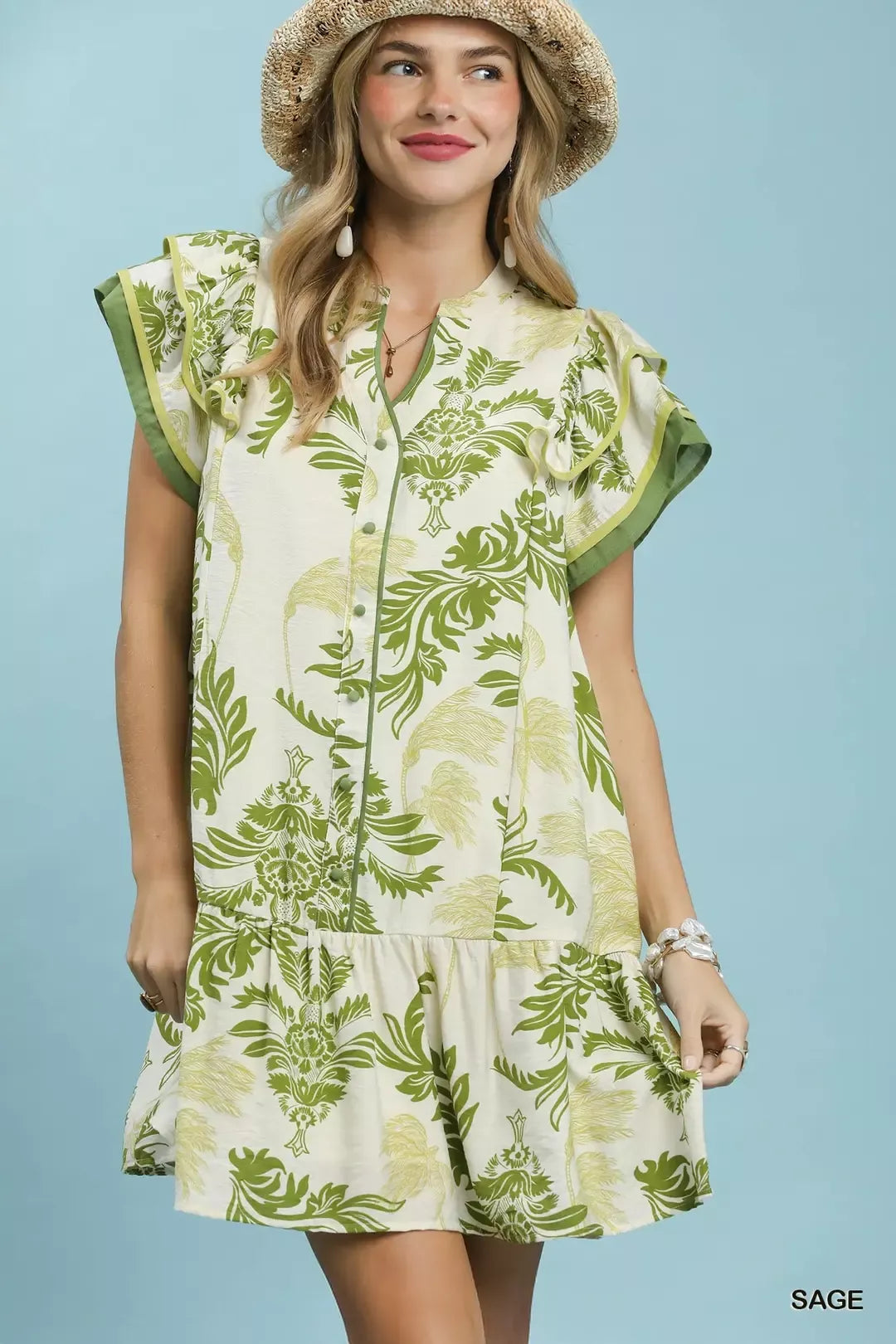 Umgee Toile Print Button-Front Placket Mini Dress with Dropped Ruffle Hem SAGE / L
