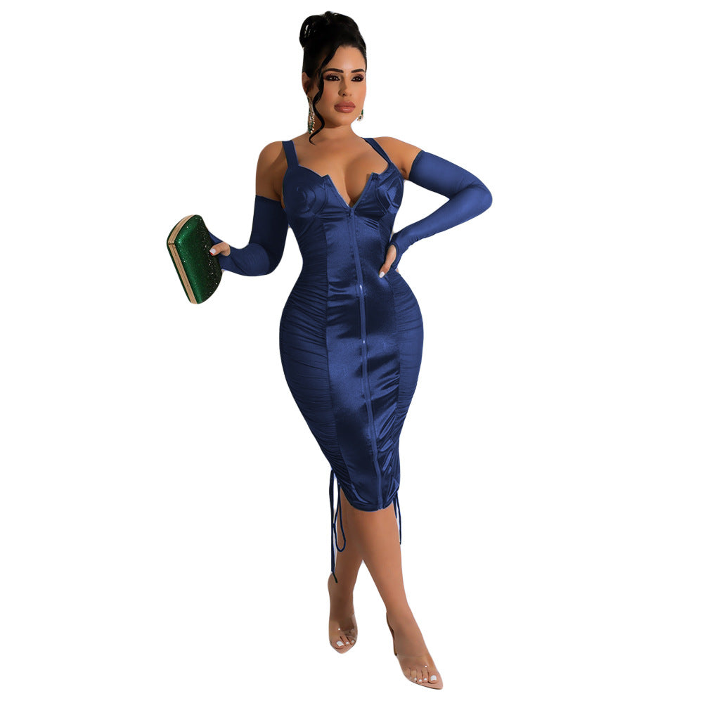 Color Ding Mesh Stitching Sexy Clubwear Party Bodycon Midi Dress Blue Zone Planet