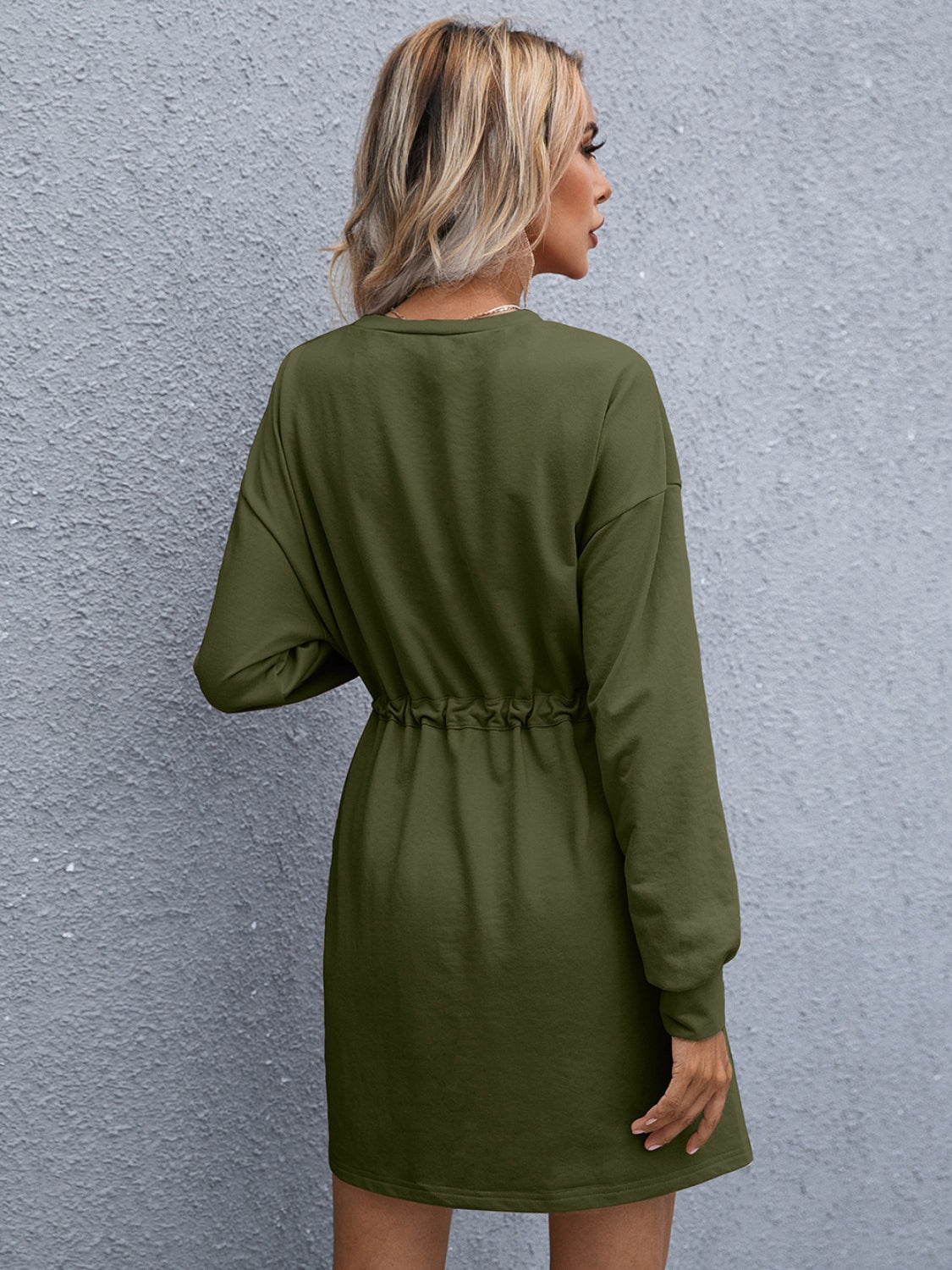 Blue Zone Planet | Drawstring Round Neck Dropped Shoulder Mini Dress BLUE ZONE PLANET