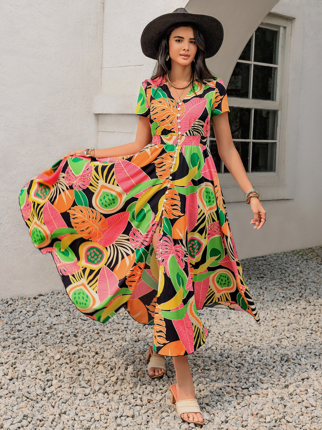 Tropical Print V-Neck Short Sleeve Midi Dress - Blue Zone Planet Tropical Print V-Neck Short Sleeve Midi Dress - Blue Zone Planet