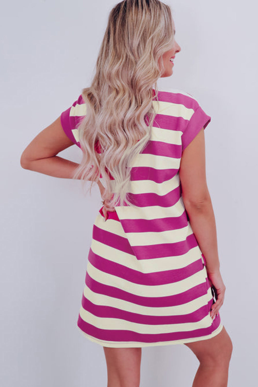 Blue Zone Planet | Rose Stripe Cap Sleeve Pocketed Shift T-shirt Dress Blue Zone Planet