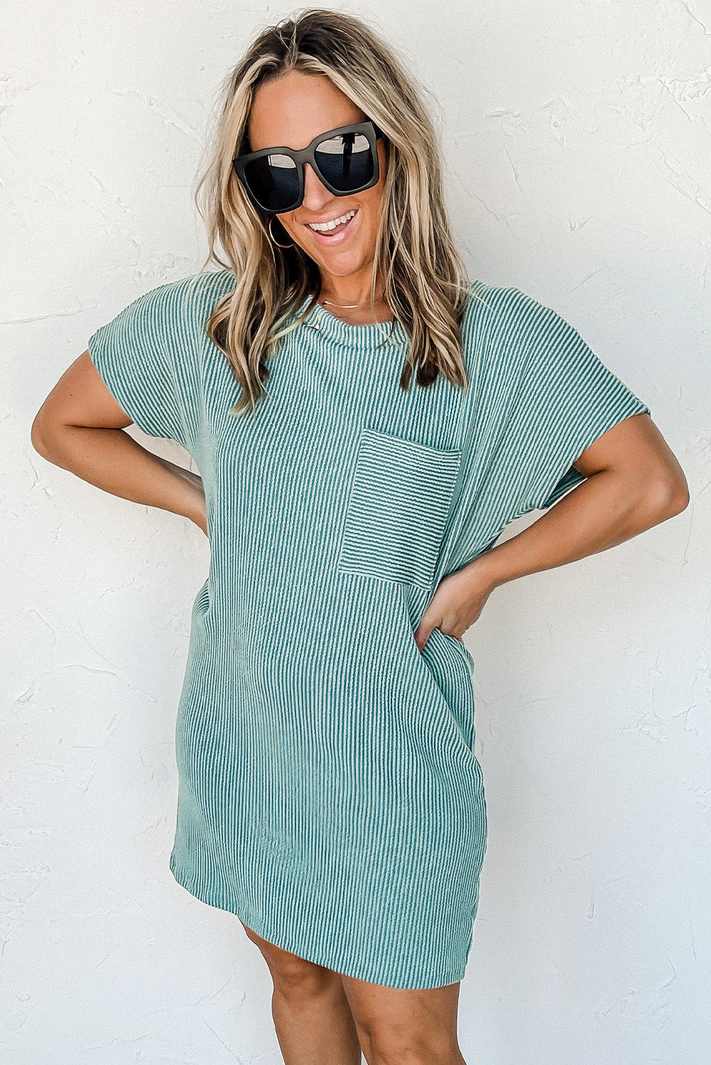 Blue Zone Planet | Striped Ribbed Knit T-shirt Shift Dress Blue Zone Planet